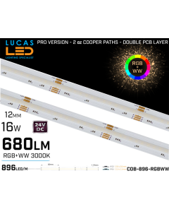 LED Strip COB Warm White • Spotless • 24V • 16W • 3000K • IP20 • 680lm • 12mm • 2oz Cooper paths PRO Version