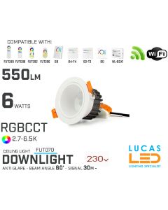 LED Downlight Anti Glare •RGB CCT • 6w • 550lm • wifi • 2.4G • Compatible • Smart • Lighting • System • MultiZone • Wireless • MiBoxer • FUT070 • 230V•