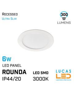 6W LED Panel Light - 3000K - 300lm - IP44/20 - downlight - ceiling fitting - ROUNDA SLIM version - White