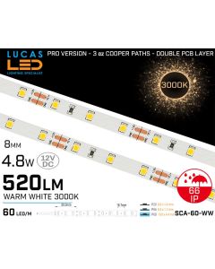 LED Strip Warm White • 60 LED/m • 12V • 4.8W • 3000K • IP66 • 520lm • 8mm • 3oz Cooper paths PRO Version • Waterproof-lucasled.ie