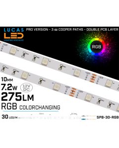 LED Strip RGB • 30LED/m • 12V • 7.2W • IP20 • 275lm • 10mm • PRO Version 3oz Cooper paths-lucasled.ie