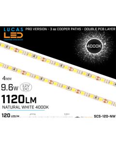 LED Strip Natural White 4mm • 120 LED/m • 12V • 9.6W • 4000K • IP20 • 1120lm • 4mm • 3oz Cooper paths PRO Version-lucasled.ie