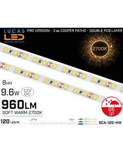 LED Strip Soft Warm White • 120 LED/m • 12V • 9.6W • 2700K • IP66 • 960lm • 8mm • 3oz Cooper paths PRO Version • Waterproof-lucasled.ie