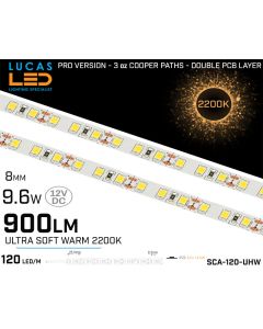 LED Strip Ultra Warm White • 120 LED/m • 12V • 9.6W • 2200K • IP20 • 900lm • 8mm •3oz Cooper paths PRO Version-lucasled.ie