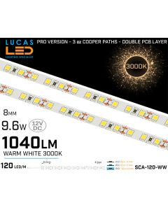 LED Strip Soft Warm White • 120 LED/m • 12V • 9.6W • 2700K • IP20 • 960lm • 8mm •3oz Cooper paths PRO Version-lucasled.ie
