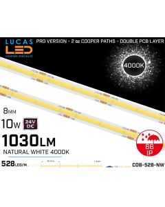   LED Strip COB Natural White •Spotless• 24V • 10W • 4000K • IP66 • 1030lm • 8mm •3oz Cooper paths PRO Version • Waterproof-lucasled.ie