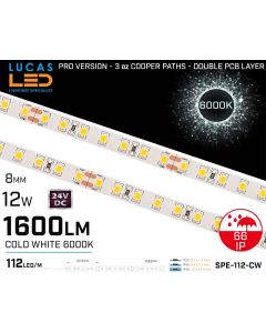 Outdoor LED Strip Cold White • 112 LED/m • 24V • 12W • 6000K • IP66 • 1600lm • 8.3mm •3oz Cooper paths PRO Version • Waterproof-lucasled.ie