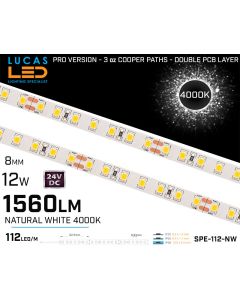 LED Strip Natural White • 112 LED/m • 24V • 12W • 4000K • IP20 • 1560lm • 8mm •3oz Cooper paths PRO Version-lucasled.ie