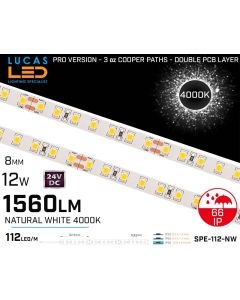 Outdoor LED Strip Natural White • 112 LED/m • 24V • 12W • 4000K • IP66 • 1560lm • 8.3mm •3oz Cooper paths PRO Version • Waterproof-lucasled.ie