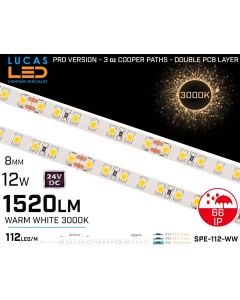 Outdoor LED Strip Warm White • 112 LED/m • 24V • 12W • 3000K • IP66 • 1520lm • 8.3mm • 3oz Cooper paths PRO Version • Waterproof -lucasled.ie