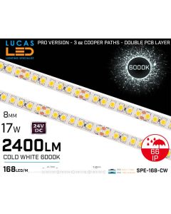 Outdoor LED Strip Cold White Ultra High Bright • 168 LED/m • 24V • 17W • 6000K • IP66/68 • 2400lm • 8.3mm •3oz Cooper paths PRO Version • Waterproof-lucasled.ie
