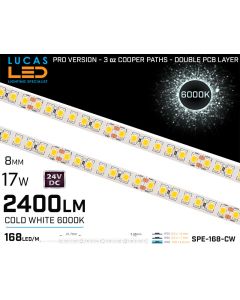 LED Strip Cold White Ultra High Bright • 168 LED/m • 24V • 17W • 6000K • IP20 • 2400lm • 8mm •3oz Cooper paths PRO Version-lucasled.ie