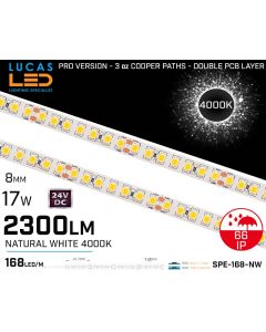 Outdoor LED Strip Natural White Ultra High Bright • 168 LED/m • 24V • 17W • 4000K • IP66 • 2300lm • 8.3mm •3oz Cooper paths PRO Version • Waterproof