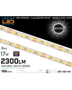 LED Strip Natural White Ultra High Bright • 168 LED/m • 24V • 17W • 4000K • IP20 • 2300lm • 8mm •3oz Cooper paths PRO Version-lucasled.ie
