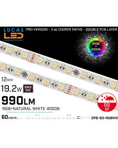 Outdoor LED Strip RGB+4000k • 60LED/m • 24V • 19.2W • IP66 • 990lm • 12.3mm • PRO Version 3oz Cooper paths • Waterproof-lucasked.ie