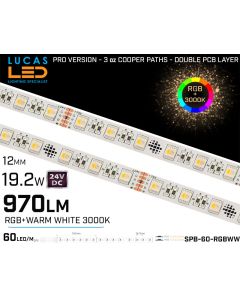 Outdoor LED Strip RGBW+3000K • 60LED/m • 24V • 19.2W • IP66 • 970lm • 12.3mm • PRO Version 3oz Cooper paths 