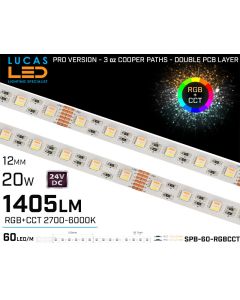 LED Strip RGB CCT • Ultra High Bright • 1405lm • 24V • 60led's/m • 20 watts/m • IP20 • PRO Version 3oz copper paths • lucasled.ie