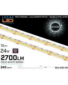 LED Strip Cold White • 240 LED/m • 24V • 24W • 6000K • IP20 • 2700lm • 10mm •3oz Cooper paths PRO Version-lucasled.ie