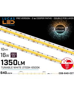 LED Strip COB CCT 2700-6500K • Spotless • 24V • 16W • IP66 • 1350lm • 10mm • 2oz Cooper paths PRO Version • Waterproof-lucasled.ie
