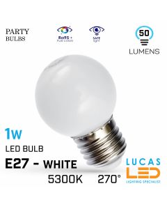 E27 LED Coloured Bulb Light 1W - small Globe Ball - Party - Festoon - String bulb - WHITE colour