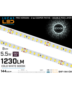 LED Strip  SHF Cold White • 144 LED/m • 24V • 5.5W • 6000K • IP20 • 1230lm • 8mm • 3oz Cooper paths PRO Version