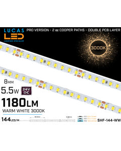 LED Strip  SHF Warm White • 144 LED/m • 24V • 5.5W • 3000K • IP20 • 1130m • 8mm • 3oz Cooper paths PRO Version