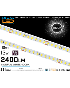 LED Strip  SHF Natural White • 234 LED/m • 24V • 12W • 4000K • IP20 • 2400lm • 10mm • 3oz Cooper paths PRO Version