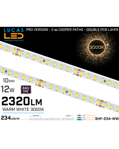 LED Strip  SHF Warm White • 234 LED/m • 24V • 12W • 3000K • IP20 • 2320lm • 10mm • 3oz Cooper paths PRO Version