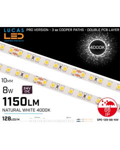 LED Strip Natural White Ultra High Bright • 128 LED/m • 24V • 8W • 4000K • IP66 • 1150lm • 8.3mm •3oz Cooper paths PRO Version • Waterproof-lucasled.ie