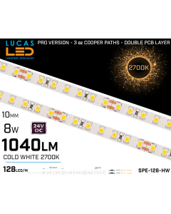 LED Strip SOFT WARM Ultra High Bright • 128 LED/m • 24V • 8W • 2700K • IP20 • 1040lm • 8mm-lucasled.ie