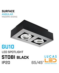 Surface LED Downlight GU10 x 2 - IP20 - ceiling fitting light - beam angle 65/45° - STOBI - Angular - Black body