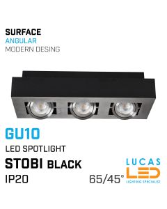 Surface LED Downlight GU10 x 3 - IP20 - ceiling fitting light - beam angle 65/45° - STOBI - Angular - Black body