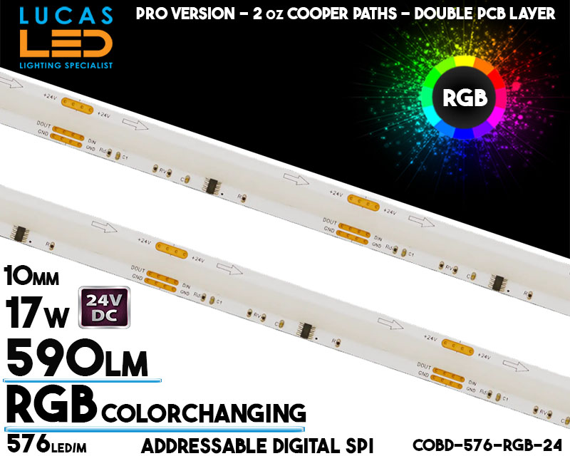 Addressable Digital SPI LED Strip RGB Colorchanging • COB Spotless • 24V • 17W • RGB • IP20 • 590lm • 10mm • 2oz Cooper paths PRO Version • Ra90 • 