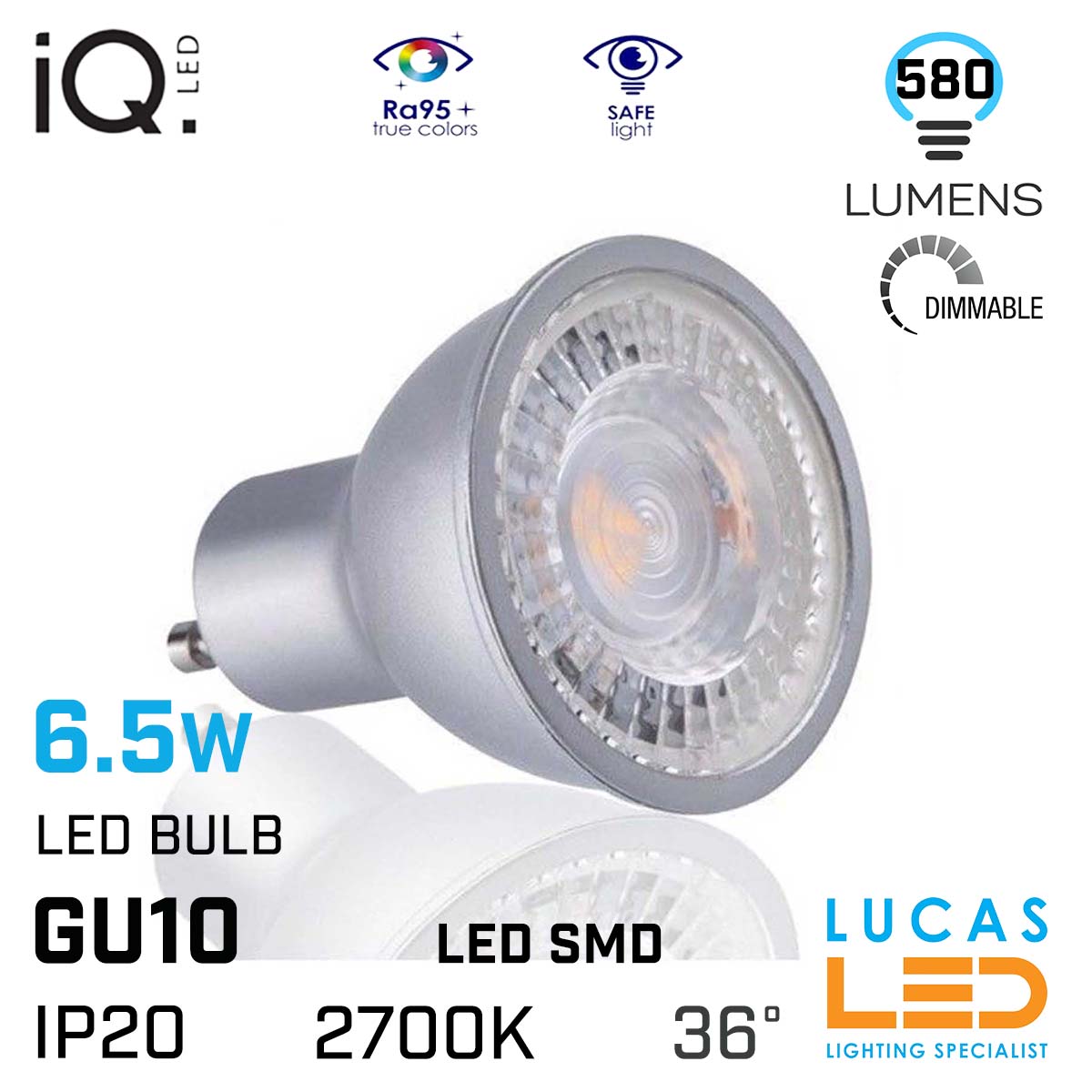 Gu10 LED bulb 6.5W - 2700K - 580lm - beam angle 36° - New IQ LED light source-Soft Warm