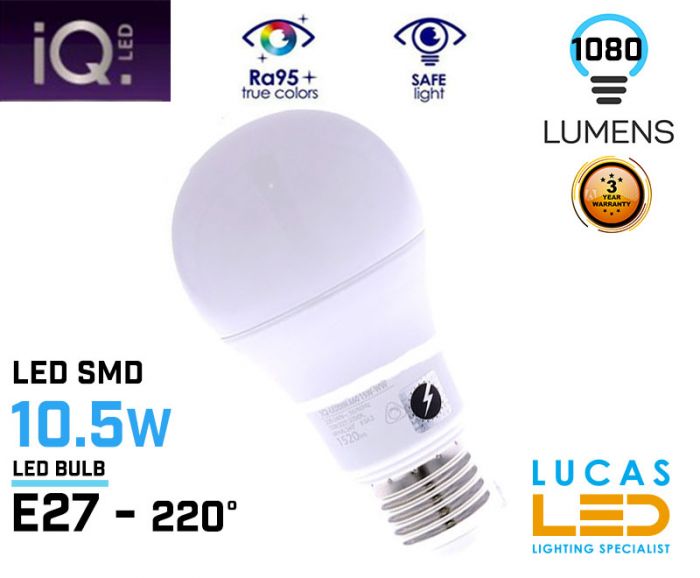 E27 LED bulb light - 10.5W - 2700K - 1060lm - beam angle 220°- A60 - New IQ Technology -Warm White