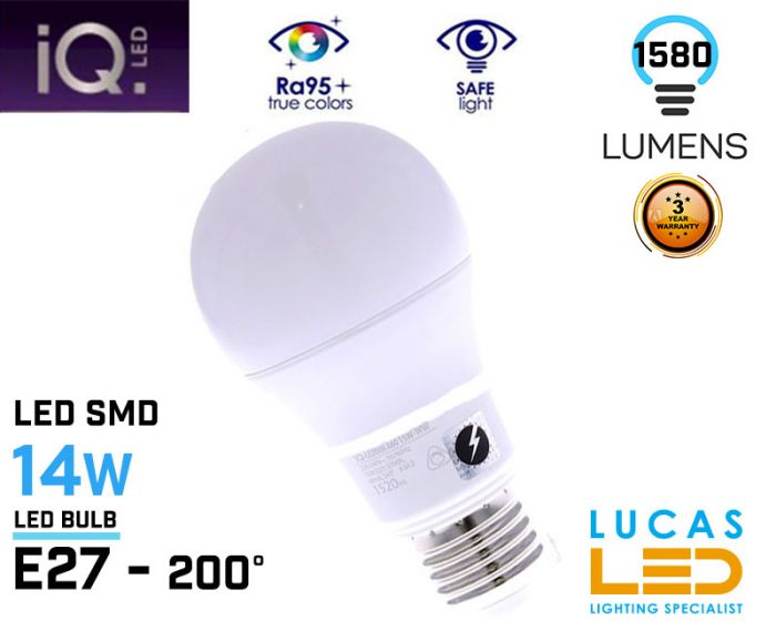 E27 LED bulb light - 14W - 2700K -1560lm - beam angle 200°- A60 - New IQ Technology -Warm White