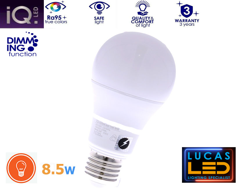 Dimmable E27 LED bulb Light - 8.5W - 810lm - 2700K- warm white - beam angle 240°- A60 - New IQ Technology