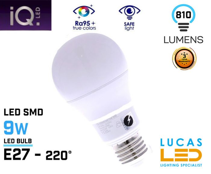 E27 LED Bulb Light - 9W - 4000K - 810lm - beam angle 220°- A60 standard - New IQ Technology - Milky -Natural White