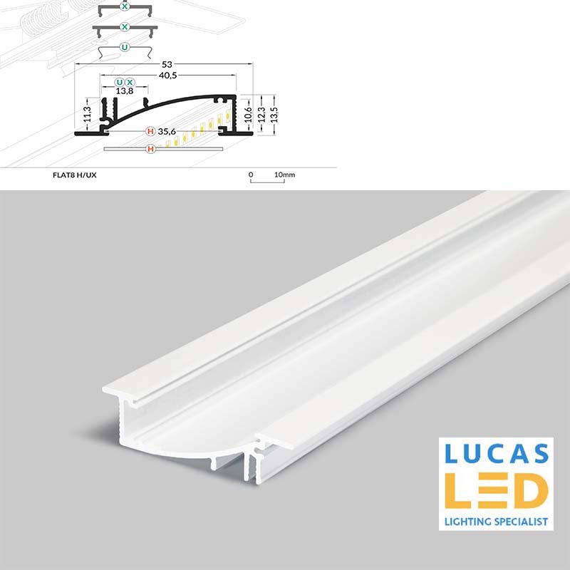 LED Recessed Profile - FLAT8 H/UX - designed for plasterboard & furniture section - WHITE , 2 meter