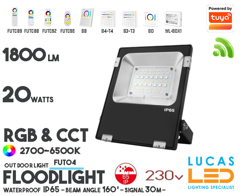 LED Flood Lights • High lumen LED Chips • RGB + CCT • 20W • 1800LM • IP65 • WiFi • 2.4G • Smart Lighting System • Wireless • MiBoxer • Mi-Light • FUTT04 • 230V
