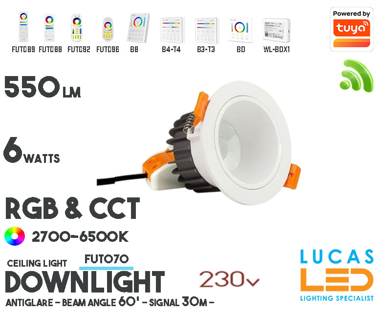 LED Downlight Anti Glare •RGB CCT • 6w • 550lm • wifi • 2.4G • Compatible • Smart • Lighting • System • MultiZone • Wireless • MiBoxer • FUT070 • 230V•