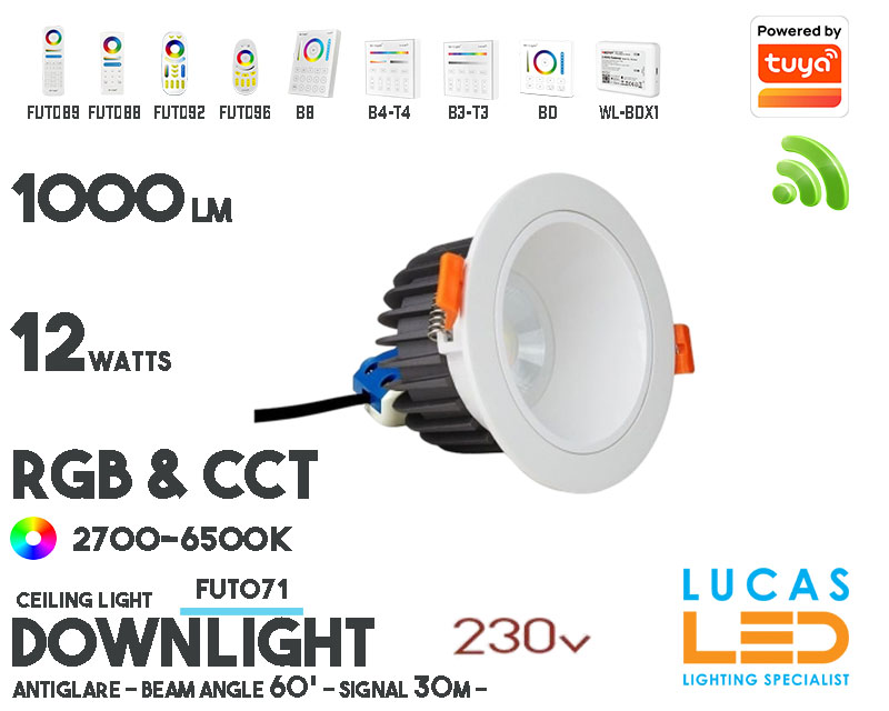 LED Downlight Anti Glare •RGB CCT• 12w • 1000lm • wifi • 2.4G • Compatible • Smart • Lighting • System • MultiZone • Wireless • MiBoxer • FUT071 • 230V•