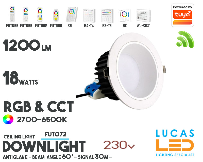 LED Downlight Anti Glare •RGB CCT• 18w • 1200lm • wifi • 2.4G • Compatible • Smart • Lighting • System • MultiZone • Wireless • MiBoxer • FUT072 • 230V•