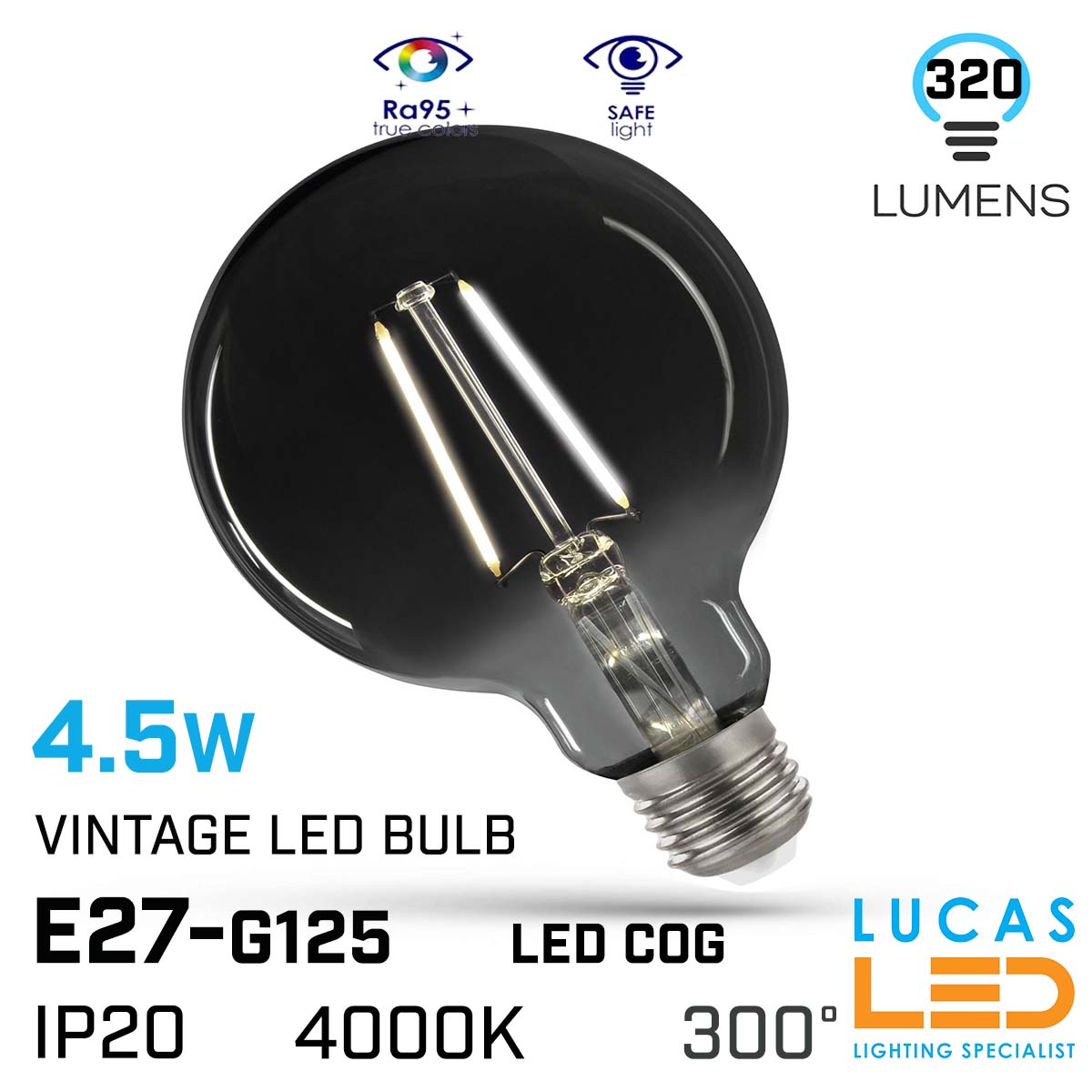 Vintage LED bulb filament light 4.5W - E27 - Natural 4000K - 320lm - 300° - LED COG - Globe Ball 125 Edison Modern Smoky Shine 