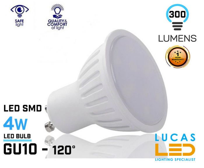 GU10 LED Bulb Light 4W - 3000K Warm White - 270lm - LED SMD -  viewing angle 120° -Warm White