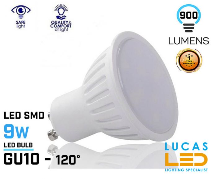 Gu10 LED bulb  9W -  3000K Warm White - 900lm - viewing angle 120° 
