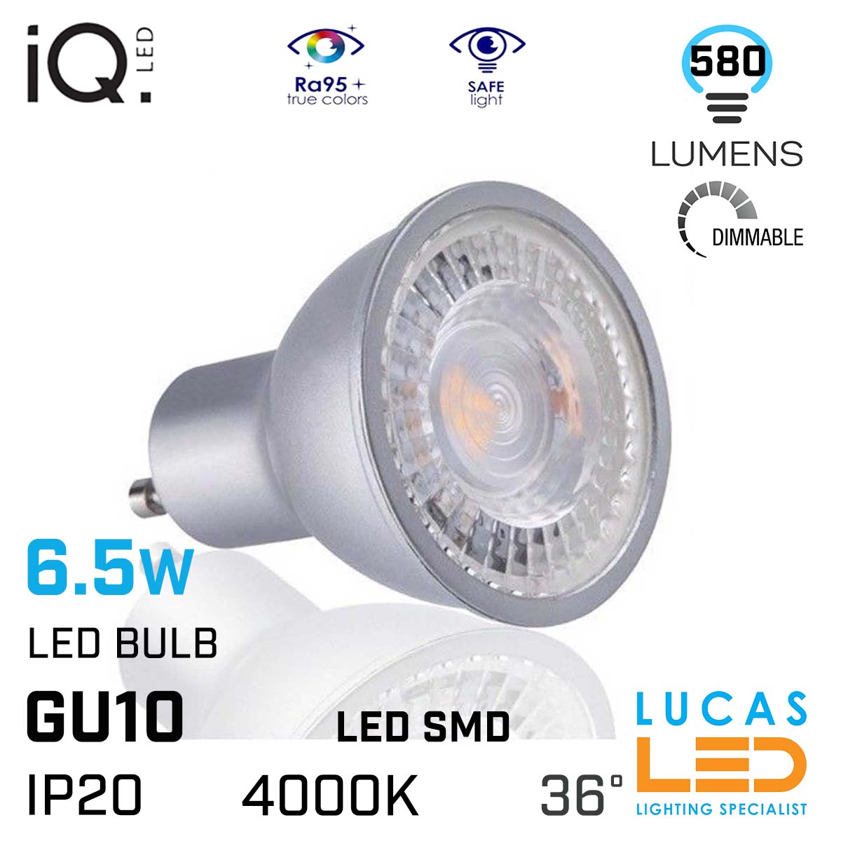Gu10 LED bulb 6.5W - 4000K - 580lm - beam angle 36° - New IQ LED light source-Natural White