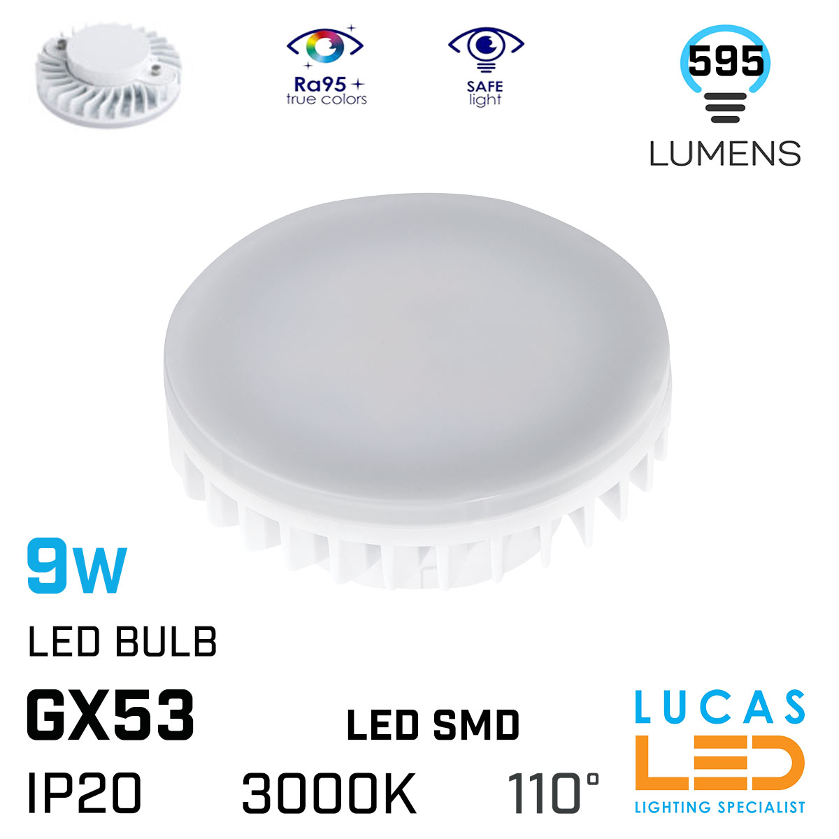 GX53 LED Bulb spot Light 9W - 3000K Warm White - 595lm - viewing angle 120° - Led SMD - ESG Led