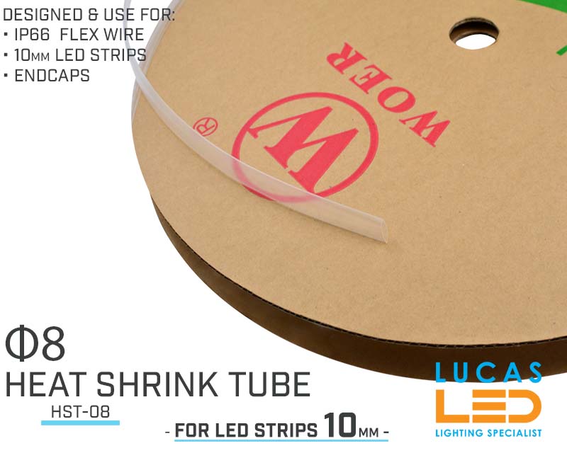 Heat shrink tube Φ8 for 10mm LED strip • Temperature ranges -55℃～125℃ • 1 Meter lenghts •