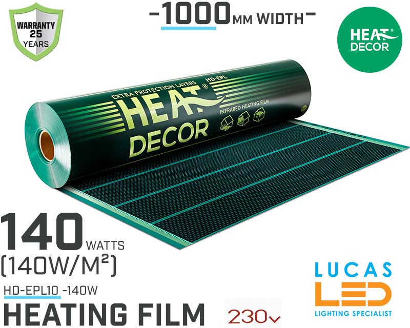 Heating film EPL • 140 w/lm • 1000mm  WIDTH • Heat mat • HD-EPL100 • 25y Warranty • (140w/m²) • Heat Decor •